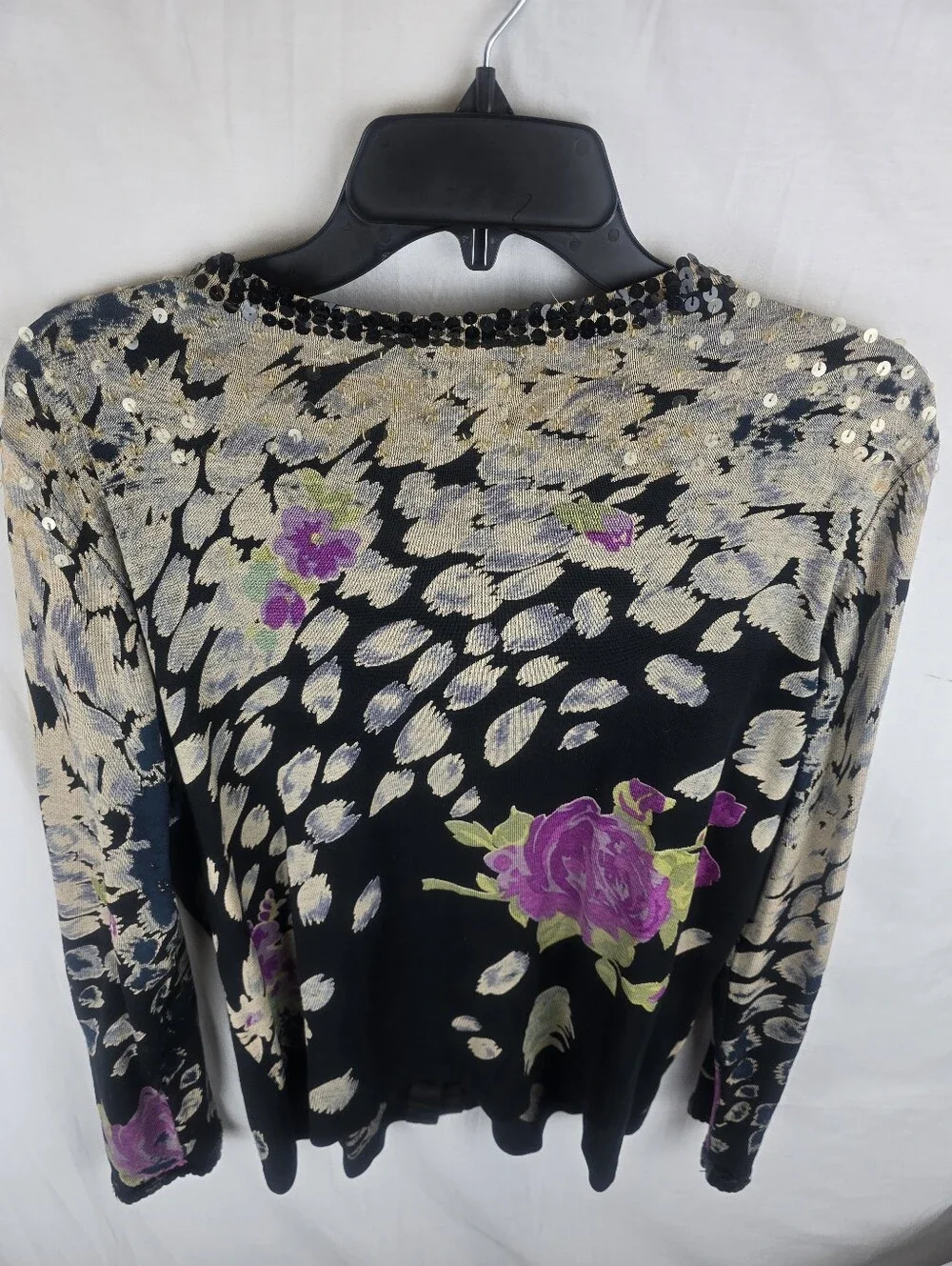 Chico's Black Floral Sequin Silk Blend Cardigan with Purple Roses Sz Chico's 2/L